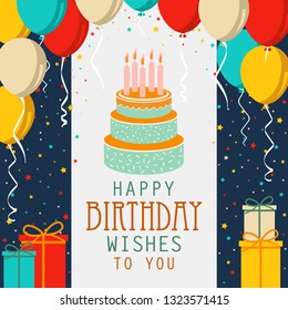 Birthday card with cake and colorful balloons in flat design
