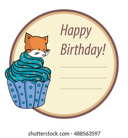 Birthday Card. with cake and cream filling. fox muzzle.