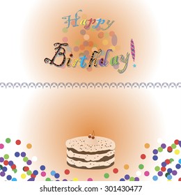 Birthday card with cake, crisps, cherry and confetti on background and text.  Vector Illustration for postcard or design.