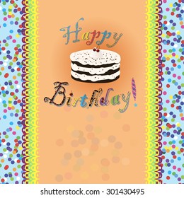 Birthday card with cake, crisps, cherry and confetti on background and text.  Vector Illustration for postcard or design.