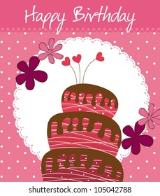 birthday card with cake and flowers. vector illustration