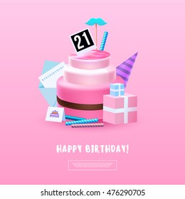 Birthday card with cake and gifts