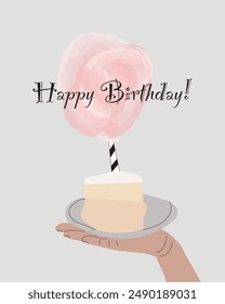 Birthday card with cake, hand, and handwritten phrase for girls. Birthday party, celebration, holiday, event, festive, congratulations concept. Vector illustration. Postcard, card, cover.