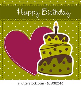 birthday card with cake and heart. vector illustration