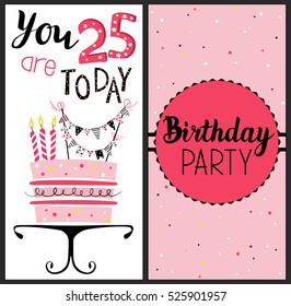 Birthday card with cake , numbers of years (age) with gold glittering parts, topper, candles and lettering text. Vector hand drawn illustration.