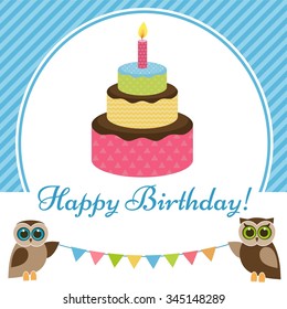 Birthday card with cake and owls
