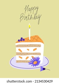 Birthday Card, Cake Piece With Candle. Tasty Dessert. Vector Illustration In Trendy Flat Style. Single Isolated Decor Element. Vector EPS Clip Art Design.