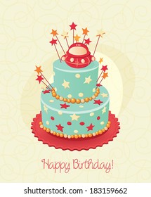 Birthday card with cake and red for child. Vector
