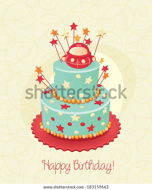 Birthday card\
with cake and red for child.\
Vector