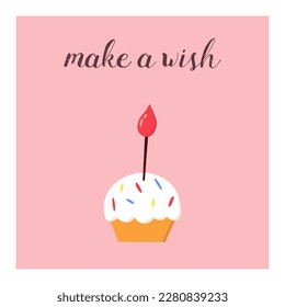 Birthday card with a cake and „make a wish” text. Vector illustration
