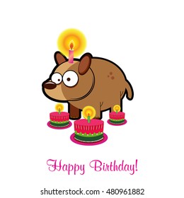 birthday card, birthday cake, vector happy birthday card with illustration of a dog with a candle on its head and three cakes on white background. birthday greeting card with funny characters.