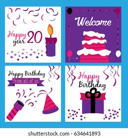 Birthday card with candles, balloons, box gifts and cake. Purple colors.