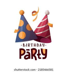 Birthday card with caps and "Birthday party" handwritten lettering. Celebration, holiday, event, festive concept. Square vector illustration for card, postcard, poster, banner, cover.