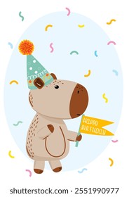 Birthday card with capybara in a birthday hat. For cards, party invitations, children's designs, or playful social media posts celebrating special occasions. Vector illustration