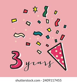 Birthday card with cartoon firecrackers and 3 number illustration on pink background. Sticker style greeting card in retro style. Cute postcard for child or design for your brand.