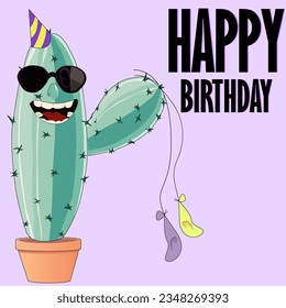 Birthday card with cartoon funny cactus and balloons. Vector illustration EPS10.