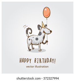  Birthday card  with cartoon funny  dog and red  balloon. Vector illustration.