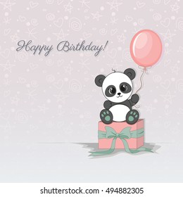 Birthday card with cartoon funny pand and pink 
balloon. Vector illustration.