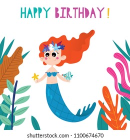 Birthday card with cartoon Mermaid. Hand drawn graphic for poster, card, label, baby wear, nursery.