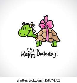 birthday card with cartoon turtle and bow