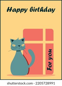 Birthday card with a cat and a gift. Vector illustration.