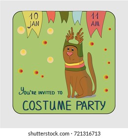 Birthday card with cat. Card invitation for costume party. Cat in costume 