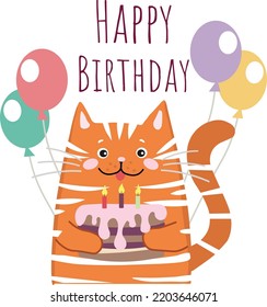 Birthday card. Birthday cat. A kitten with a cake