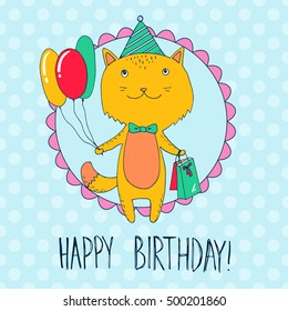 Birthday card with cat with presents and balloons. Vector illustration
