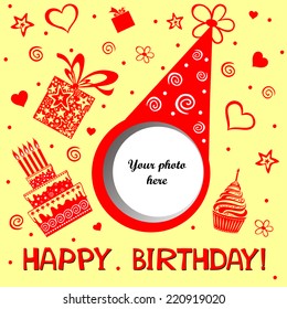 Birthday card. Celebration  background with Birthday cake, gift boxes and place for your photo. vector illustration 