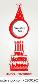 Birthday card. Celebration  background with Birthday cake and place for your photo. vector illustration 