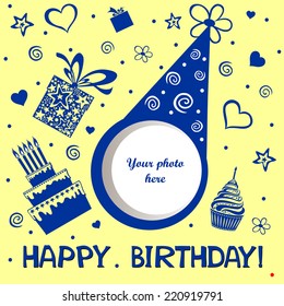 Birthday card. Celebration  background with Birthday cake, gift boxes and place for your photo. vector illustration 