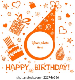 Birthday card. Celebration background with Birthday cake, gift boxes and place for your photo. vector illustration 