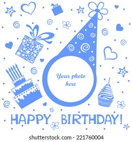 Birthday card. Celebration background with Birthday cake, gift boxes and place for your photo. vector illustration 