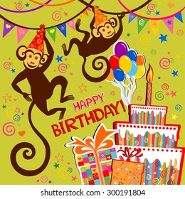 Birthday card. Celebration background with Birthday cake, monkey, balloons, gift boxes and place for your text. vector illustration