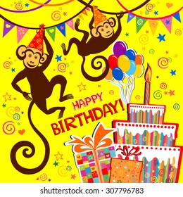 Birthday card. Celebration background with Birthday cake, monkey, balloons, gift boxes and place for your text. vector illustration