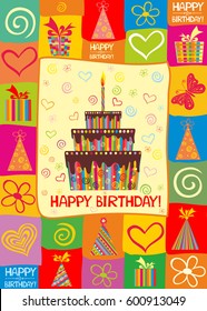 Birthday card. Celebration background with Birthday cake, gift boxes and place for your text. vector illustration