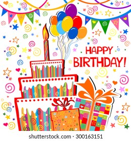 Birthday card. Celebration background with gift boxes, Balloons, Birthday cake and place for your text. vector illustration