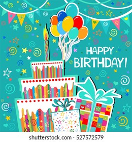 Birthday card. Celebration background with gift boxes, Balloons, Birthday cake and place for your text.  Greeting, invitation card or flyer. vector illustration