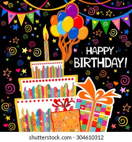 Birthday card. Celebration black background with gift boxes, Balloons, Birthday cake and place for your text. vector illustration