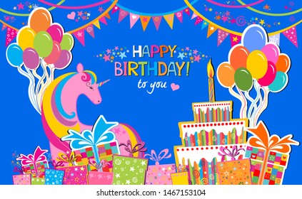 Birthday card. Celebration blue background with gift boxes, Balloons, Birthday cake, pink unicorn and place for your text.  Horizontal banner. Greeting, invitation card or flyer. Vector illustration 