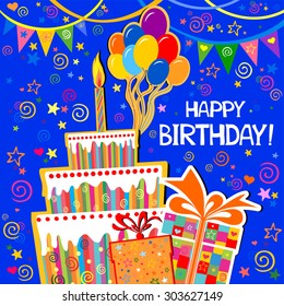 Birthday card. Celebration blue background with gift boxes, Balloons, Birthday cake and place for your text. vector illustration