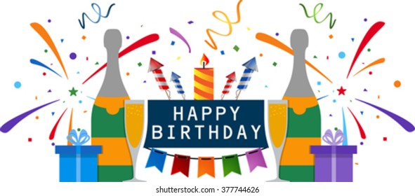 Birthday card. Celebration design elements: champagne, gift boxes, flags and confetti. Eps 10