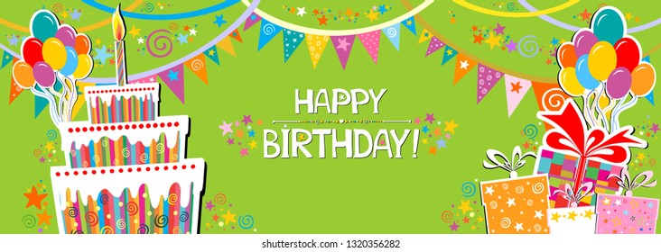 Birthday card. Celebration green background with gift boxes, Balloons, Birthday cake and place for your text. vector illustration