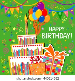 Birthday card. Celebration green background with gift boxes, Balloons, Birthday cake and place for your text. vector illustration