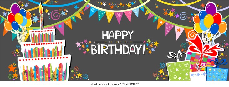 Birthday card. Celebration grey background with coloful gift boxes, Balloons, Birthday cake and place for your text. Horizontal banner. Greeting, invitation card or flyer. Vector Illustration