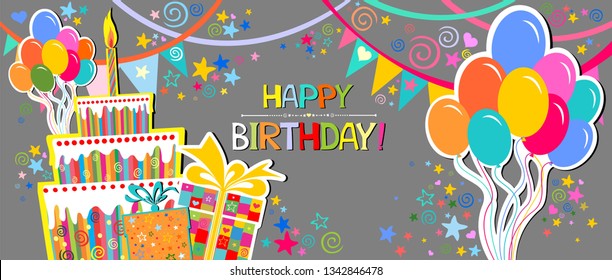 Birthday card. Celebration grey background with coloful gift boxes, Balloons, Birthday cake and place for your text. Horizontal banner. Greeting, invitation card or flyer. Vector Illustration