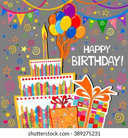 Birthday card. Celebration grey background with gift boxes, Balloons, Birthday cake and place for your text. vector illustration