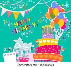 Birthday card. Celebration mint background with gift boxes, colorful Balloons, Birthday cake and place for your text.  Greeting, invitation card or flyer. Vector illustration