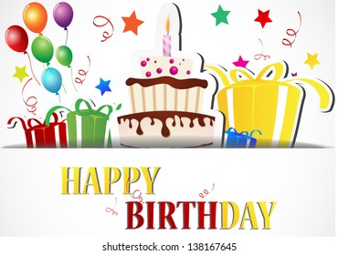 Birthday card. Celebration on white background with cake, gift boxes and place for your text