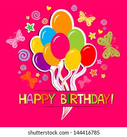Birthday card. Celebration pink background with butterfly, balloon and place for your text. vector illustration